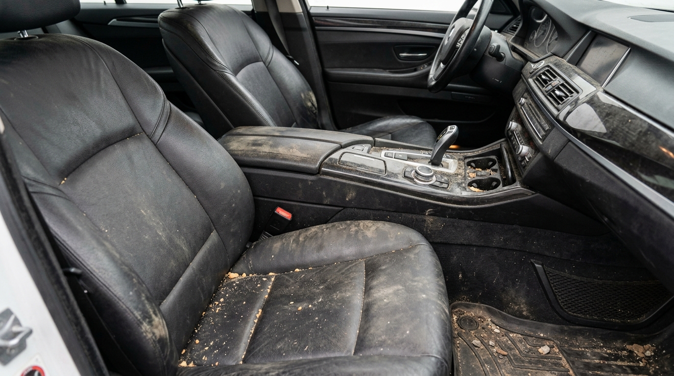 Before Interior Detailing - Dusty stained car seats and console
